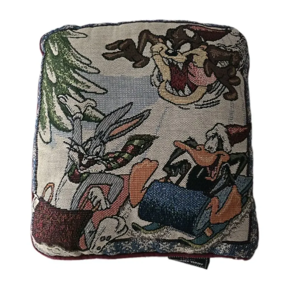 Vinrage Looney Tunes Christmas Tapestry Pillow Woven Warner Bros Rare 1998